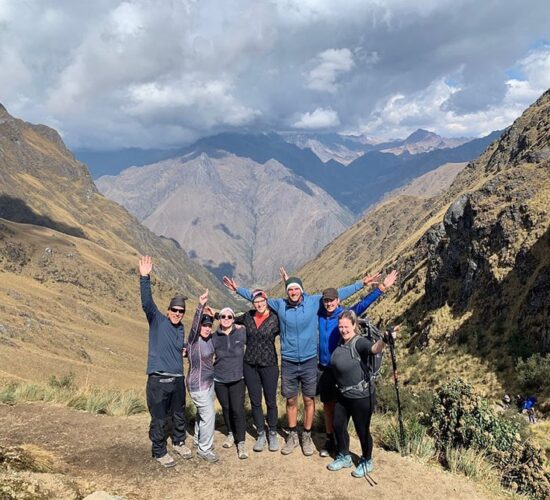 the salkantay route 7 days takes us through unique places and here a photo with our group of people on the Inca trail