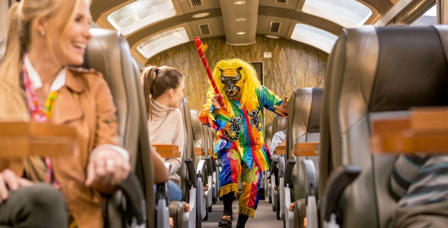 Discover the magic journey on board the PeruRail Vistadome Train 4 Saqra dancer