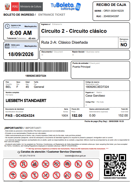 Entrance Ticket to Machu Picchu