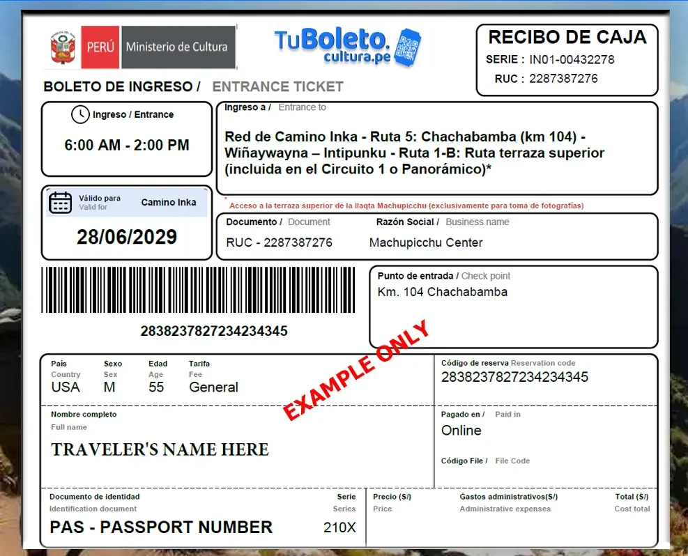 Inca Trail Permit Machu Picchu entrance ticket